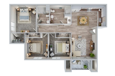 Floor plan for 3 beds, 2 baths, 1021 sqft